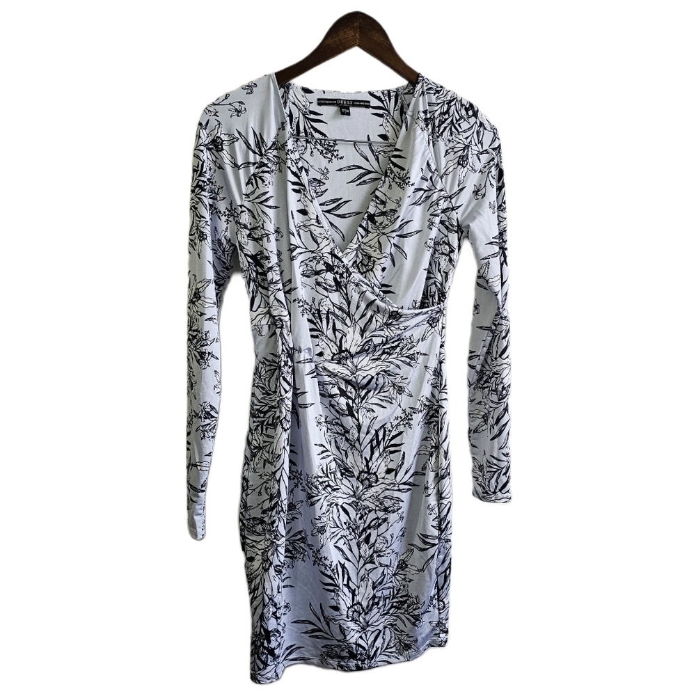 Guess Y2K floral light blue long sleeve wrap neck lined dress size small